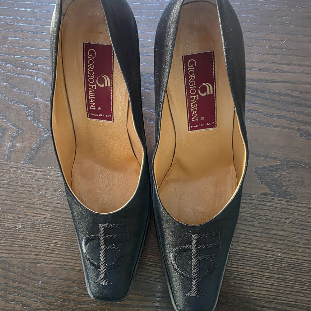 Black Leather Square-Toe Heels